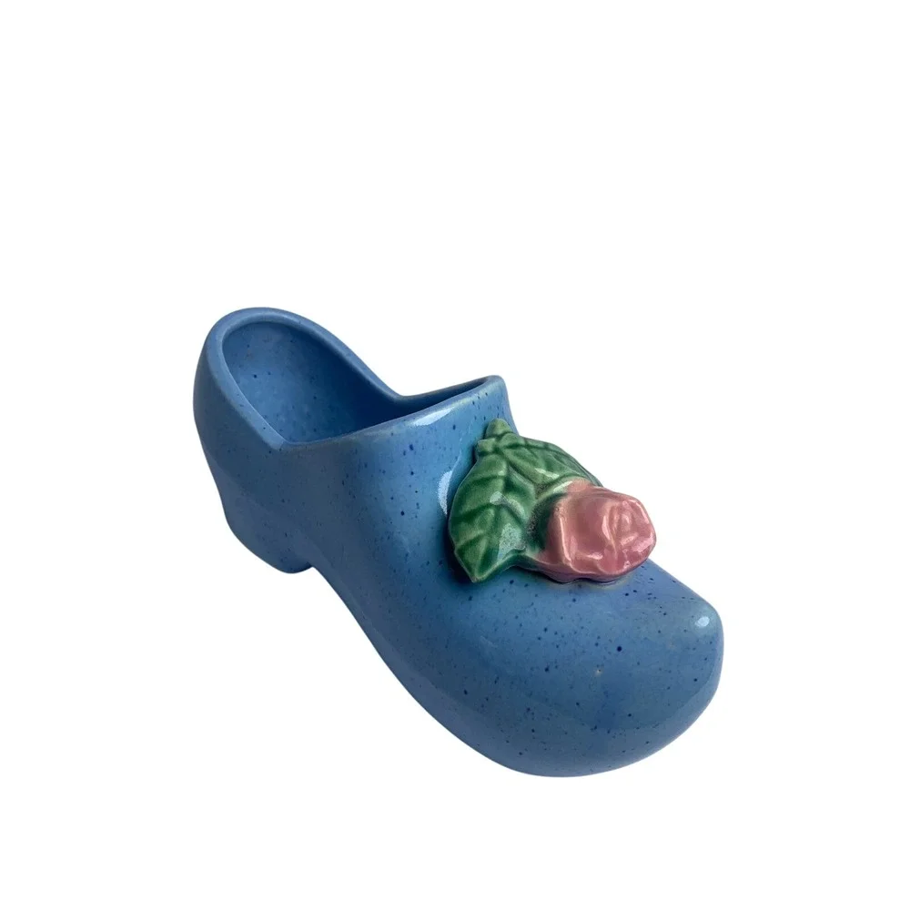 Vintage‎ Blue Speckled Ceramic Dutch Clog Shoe Figurine Pink Rose Floral Planter